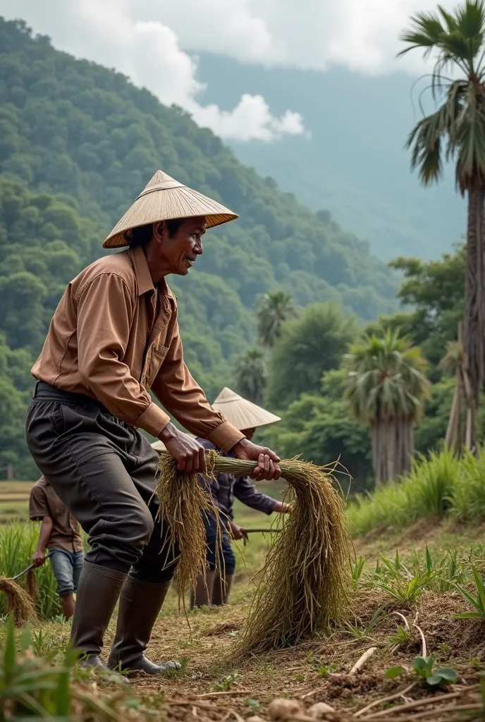 "A group of farmers in a rural rice field, threshing rice by hand under a bright blue sky with scattered white clouds. The background features lush green trees, palm trees, and distant mountains. The farmers wear long-sleeved shirts, wide-brimmed hats, and...