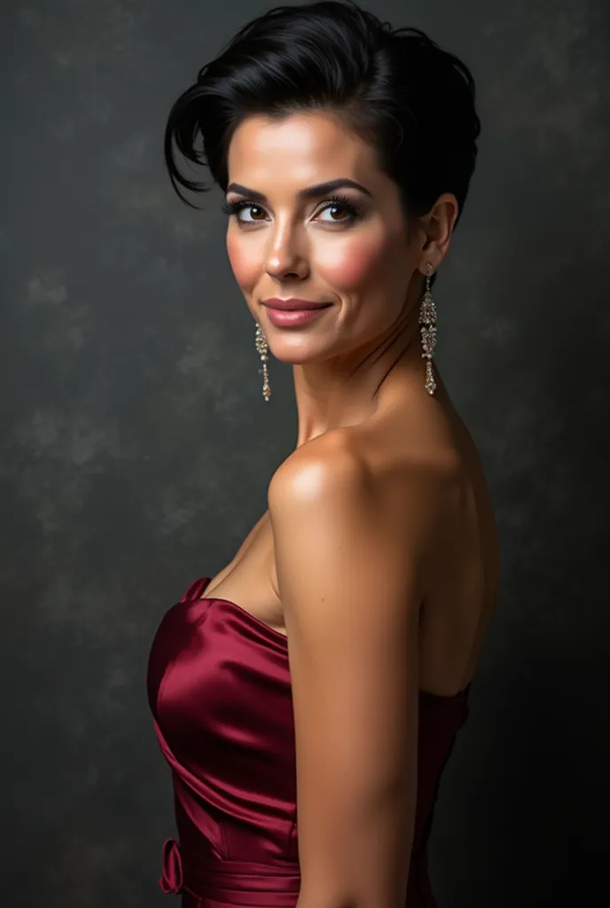 High resolution photograph of a Beautiful sexy latina woman perfect body 50 years old studio lighting photo realistic wearing a beautiful sexy elegant evening dress close-up view dark grey textured background hair pinned up beautiful model, flawless skin p...