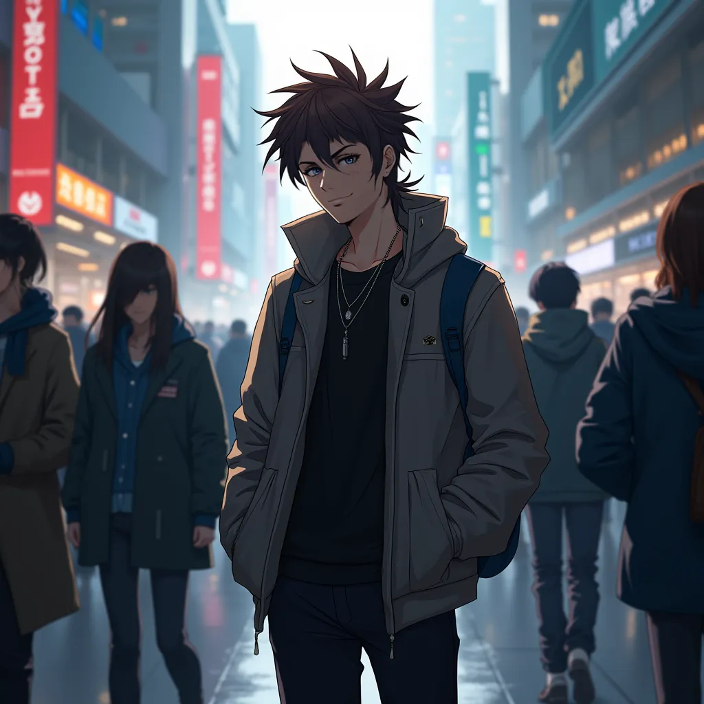 1boy, Masterpiece, Best Quality, Backlighting, anime art style, longe Spike hair, Brown hair with blue highlights, walking slowly through the crowd, hands in pockets, neutral expression 