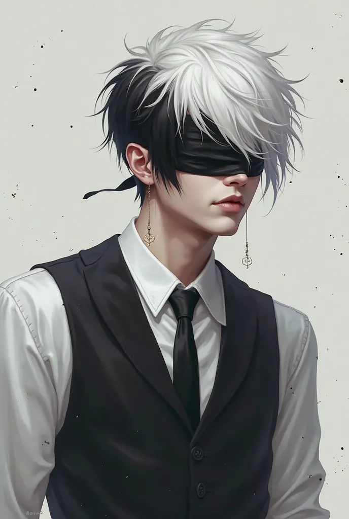 White boy with white and black hair and with black blindfold and white long sleeves and black vest