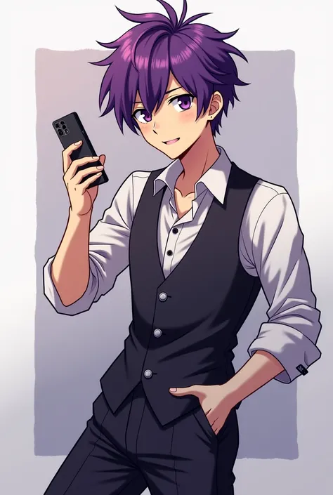 anime character with purple hair and a purple vest holding a cell phone, an anime drawing inspired by Itō Ogura Yonesuke, trending on pixiv, shin hanga, handsome guy in demon slayer art, joker looks like naruto, trigger anime artstyle, best anime character...