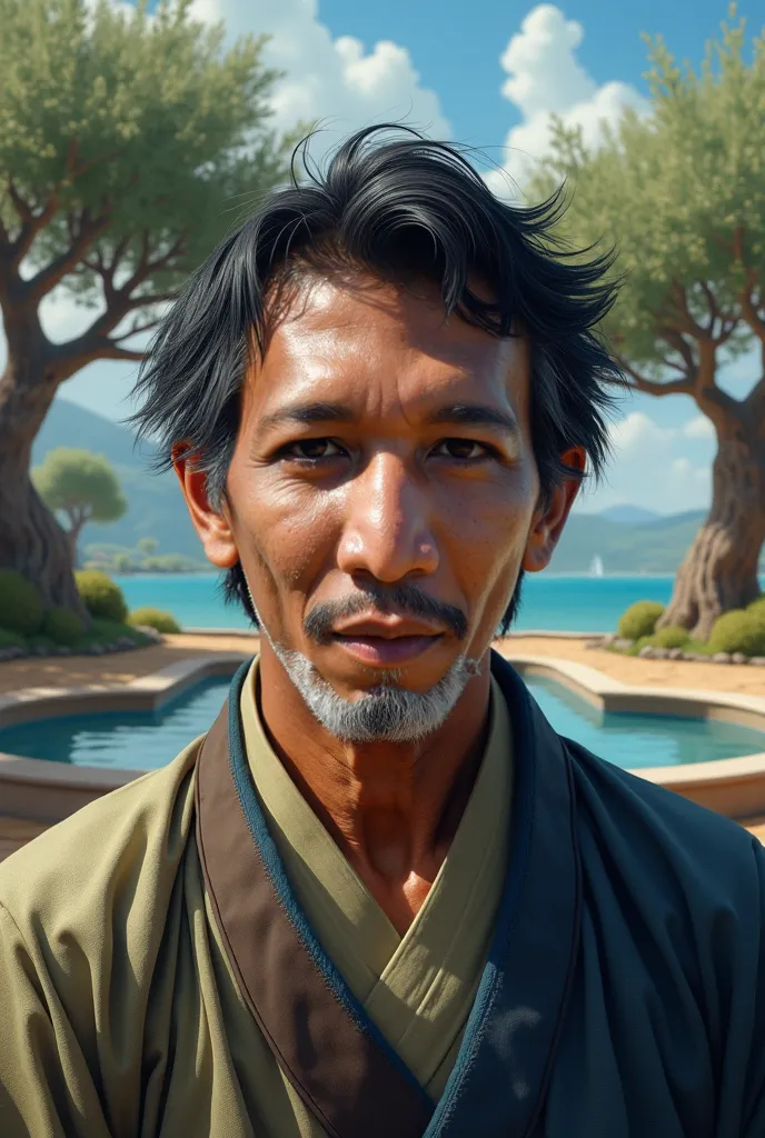 Front view representation close up full body of an asian old man wearing jinbei with wrinkles face, scars acne face and slightly messy unkempt frizzy jet disheveled black wet short hair. In the background, ancient olive trees stretch their gnarled branches...