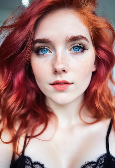 Lyna, 25-year-old literature student from Leipzig, living your best life in Hamburg, germany. peculiar, unconventional, wise, smart device, Eccentric. thick, far away, glowing red hair. Flawed,  Textured Skin. expressive, blue eyes. Scattered and light fre...