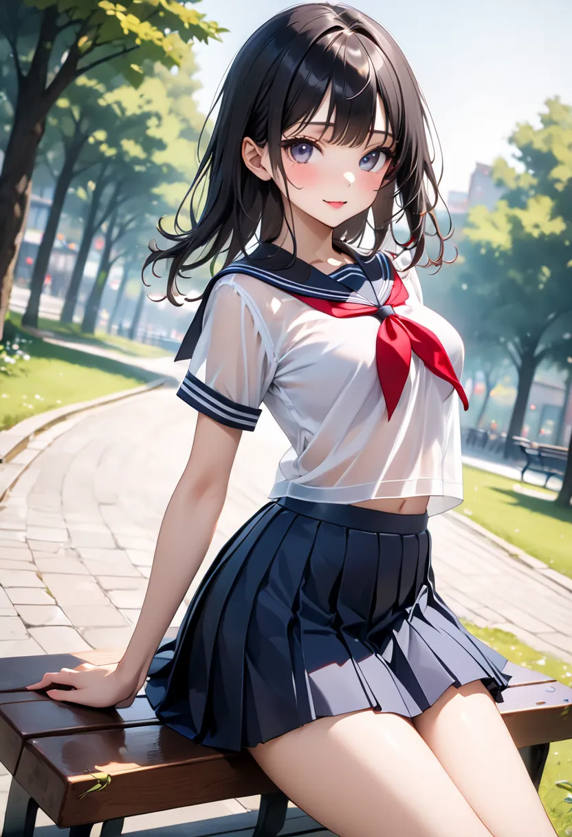 High school girl, Japan, Black hair, (Cowboy Shot), ((School uniform, serafuku, Pleated skirt, see-through)), Shiny Costumes, (skindentation), break, skinny, alone, solo, Masterpiece, highest quality, highest quality, 16K, incredibly absurd, highly detaile...