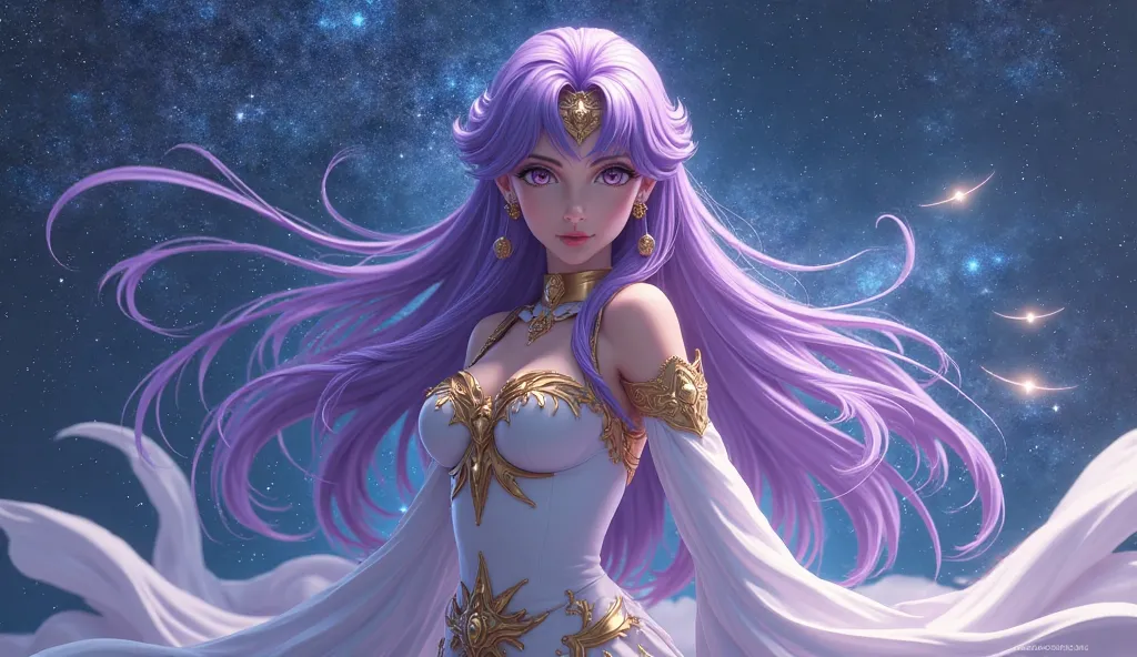 The character athena from the series the Saint Seiya knights of the zodiac, with long purple hair waving on his back, in the background you can see stars and the Milky Way