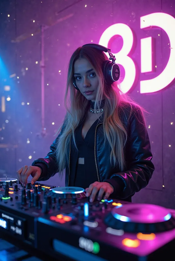 Une DJ femme sexy charismatique, aux cheveux blonde longs légèrement ondulés, se tient derrière une table de mixage professionnel dans un club moderne. Elle porte un casque audio élégant et un bomber en cuir noir avec des détails lumineux. Son regard est c...