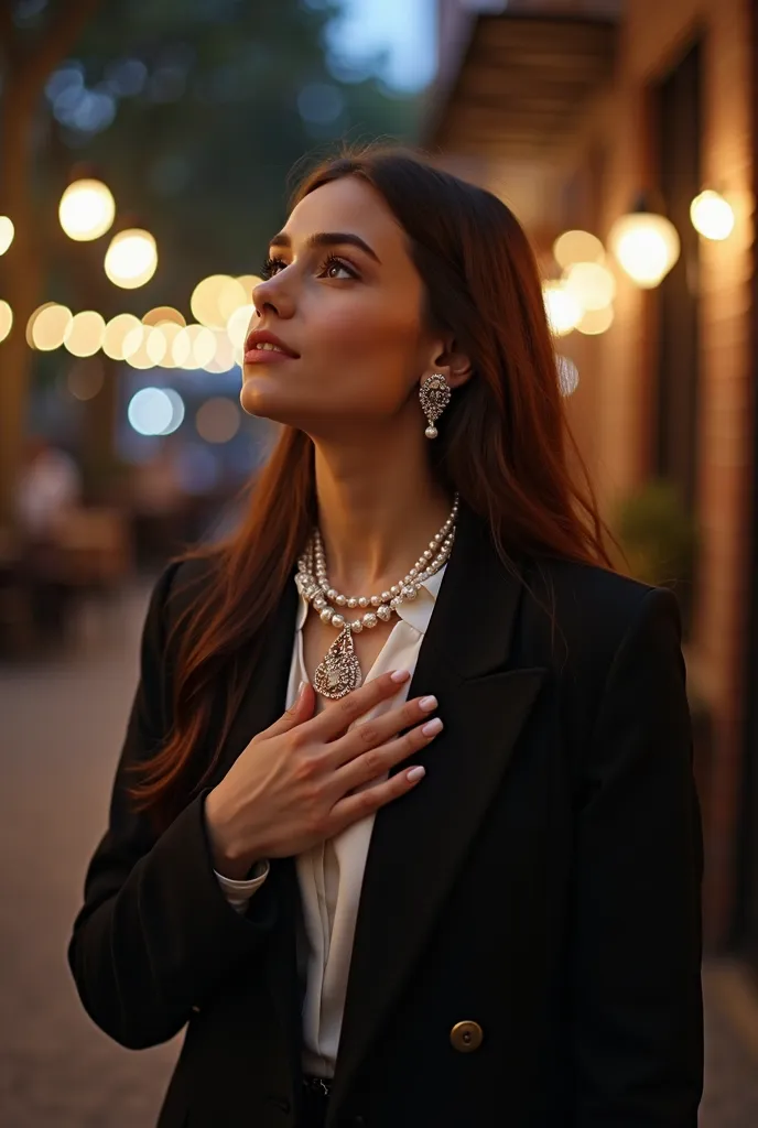 A rich Beautiful elegant girl getting out of brado jeep in black blazer over full  white shirt and her neck with a beautiful diamond pearl necklace and with backside a restaurant in night time and put your hand on your heart and looking upward in peshawar 