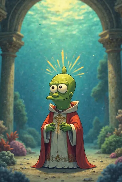 Generate the SpongeBob character Plankton as a priest 