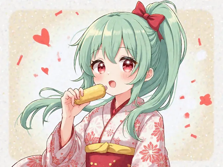 Mint-colored hair, long ponytail, red and white kimono, Japanese-style hair ornament, beautiful illustration, the color of the eyes is pink, the color of the eyes is pink, a celebration holding a laughing cracker