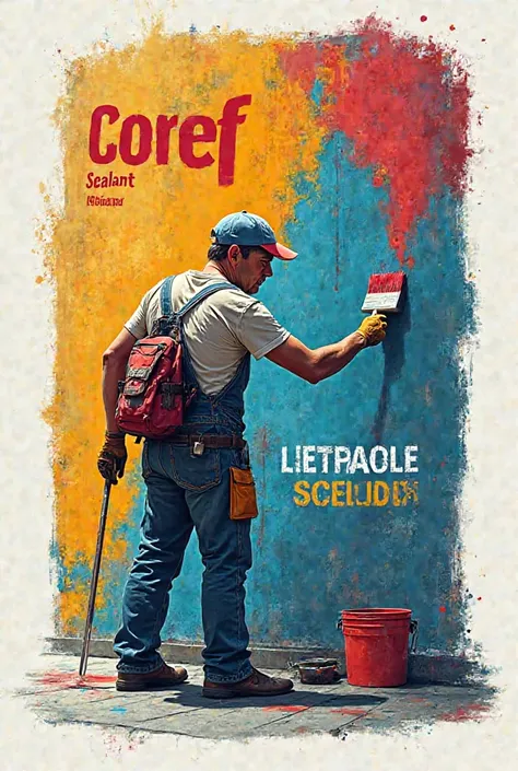 Can you make me a label that says coref sealant in Spanish with several colors and that has a person painting