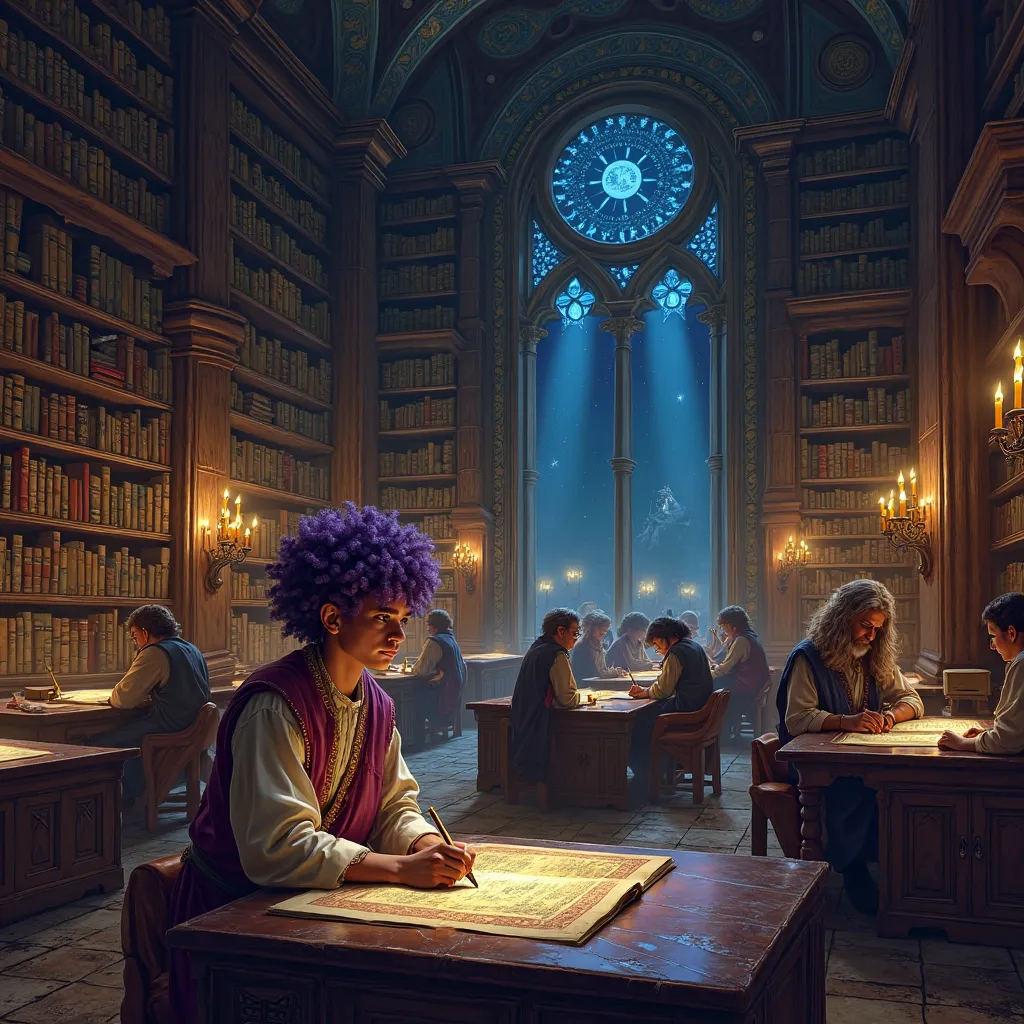 At night, the village's grand library is illuminated by the flickering light of oil lamps. The high-walled hall is adorned with starry mosaics, and dark wooden bookcases rise to the ceiling, filled with ancient books and golden scrolls. Scholars in embroid...