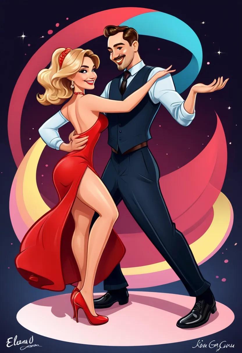 cartoon cartoon of a man and woman in a red dress, cartoon style, cartoon illustration, cartoon!!!, cartoon, in cartoon style, cartoon, cartoonl, by Elena Guru,  Couple dancing, CARTOON ART, nikolay, portrait of a couple, cartoon portrait, hand painted CAR...