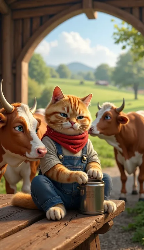 The same farmer cat with his recognizable face, now sitting on a wooden bench milking a cow. She wears her blue overalls and a red scarf around her neck, with a calm look and focus on her work. The cow is friendly and watches him curiously. Background with...