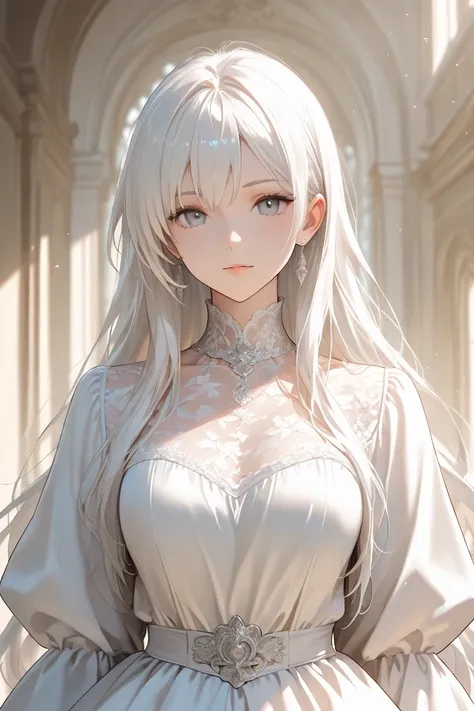 anime woman with white hair, grey eyes, long hair and aristocratic dress