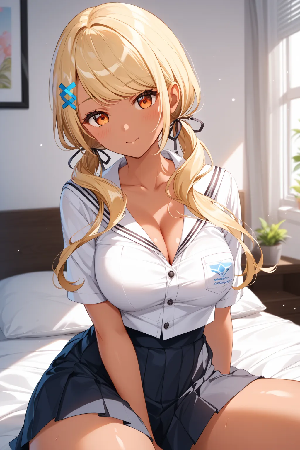 master piece、Best Quality,Super detailed,High resolution,Extremely detailed CG,Unity 8K Wallpaper,weat,score_9, score_8_up, score_7_up, score_6_up, score_5_up, score_4_up, source_anime,QpiCas, (orange eyes), dark skin, blonde hair, long hair, swept bangs, ...