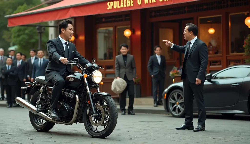 A guy wearing a suit riding a motorbike standing in front of a luxury restaurant with a serious expression, a person standing next to a luxury car wearing a luxury suit pointing at the guy and laughing loudly, around there are a few people laughing at the ...