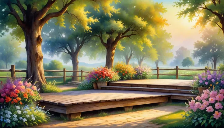 Dance platform, dim and warm lighting, beautiful country scene background with trees and flowers, balanced and harmonious composition, amazing visual effects, realistic high-detail oil painting, watercolor painting technique, exquisite painting, high-quali...