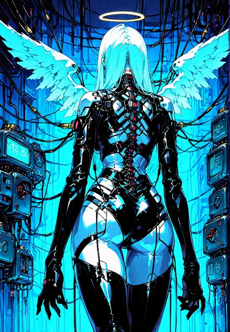 behind view: Angel girl, white skin, white wings , latex costume,  robotic circuits , breasts, devices futuristic,  (( suspended by electrical cables )), circuits, . Background: cyberpunk city. dark atmosphere.