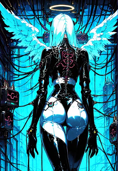 behind view: Angel girl, white skin, white wings , latex costume,  robotic circuits , breasts, devices futuristic,  (( suspended by electrical cables )), circuits, . Background: cyberpunk city. dark atmosphere.