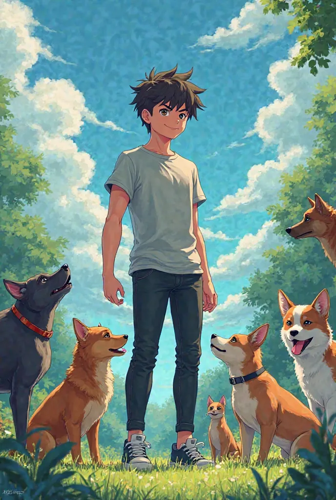 Adventurous young man wearing grey T-shirt, black pants, good animal communication skills, animal control, anime style picture