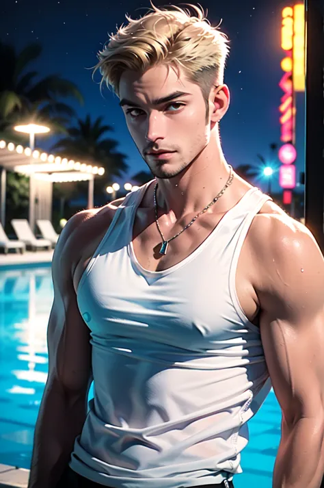 ramirolozano person, blonde hair, ginger mature man, night time, necklace, shirtless, bare chest, wet tank top, (white top:1.2), (drop low-cut armhole), big bare shoulders, muscular guy, facial hair, beard, sharp focus, 1boy, extra wide-range, big biceps, ...