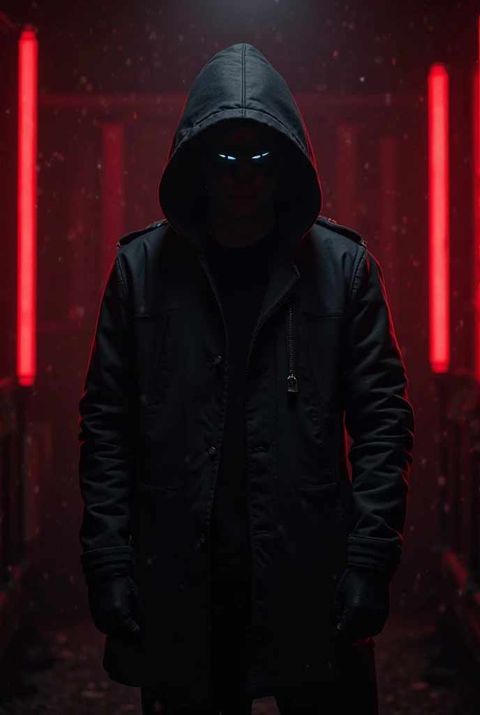 Create a dark-style male character for digital marketing, he's mysterious has an authoritative personality, He's wearing a black hooded coat, he's in the office with red neon lights and a black background