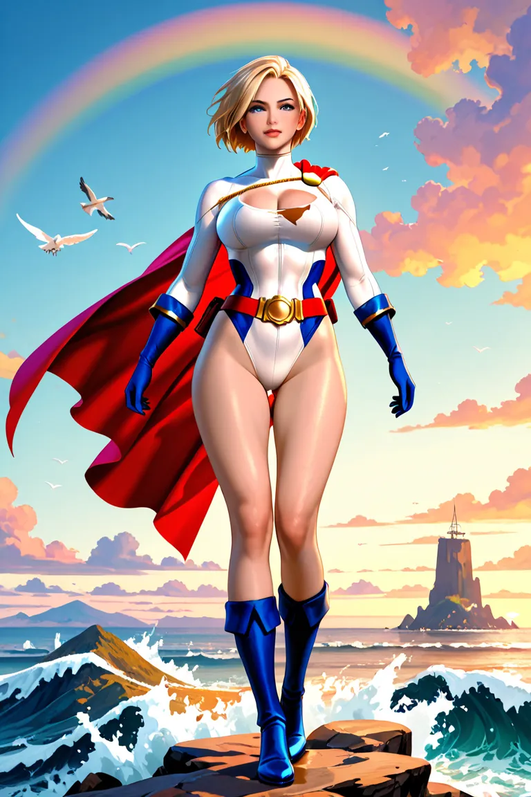 character art, a fullbody illustration of Power Girl showing off her beautiful body floating in heavenly waves above island of atlas, earthy rainbow color palette, vibrant colours 