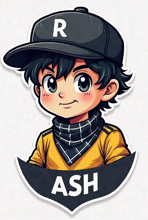 Make me a mascot logo where the mascot is a black-haired gamer boy with a black cap who has an r in the middle with a black plaid handkerchief and who has a Colombian team jersey and below it has the letters ASH 