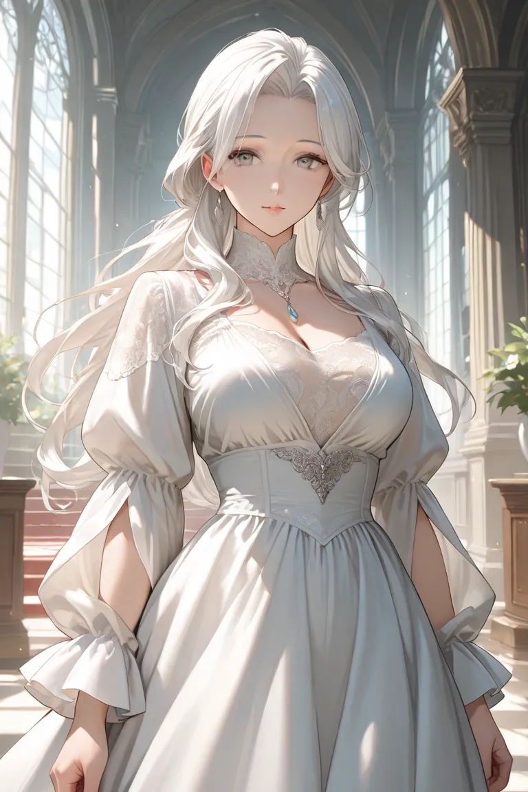 anime mature girl with white hair, grey eyes, long hair and aristocratic dress