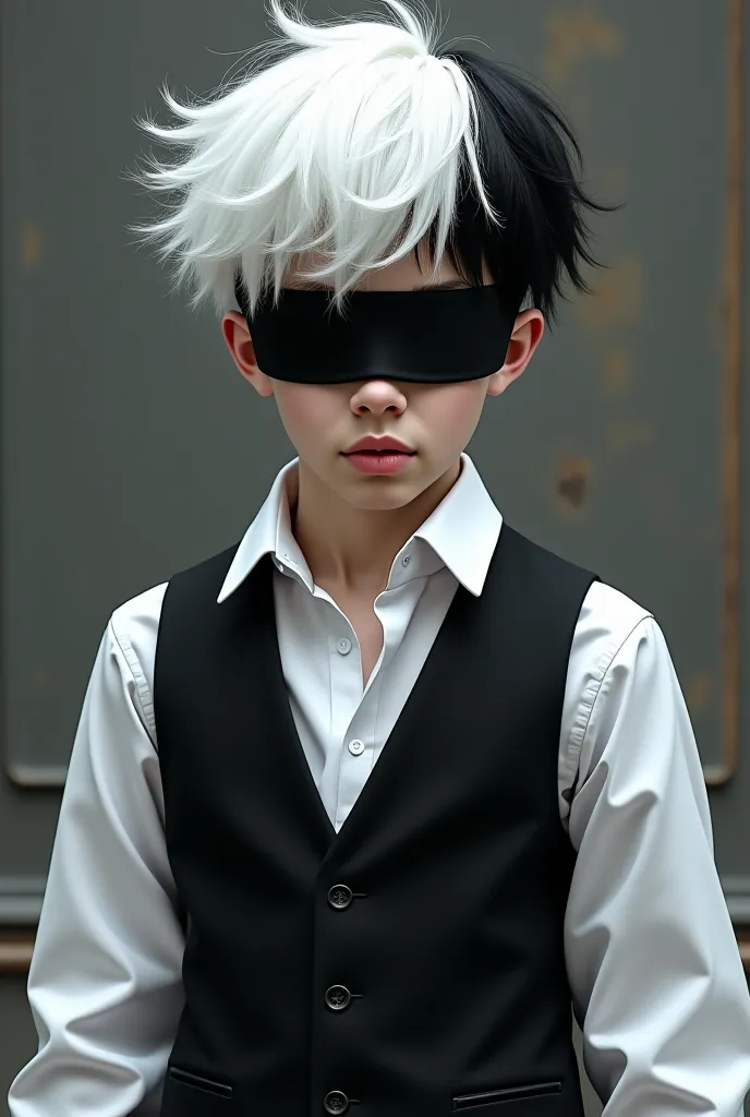 White boy with black and white hair and black blindfold and white long sleeves and black vest 