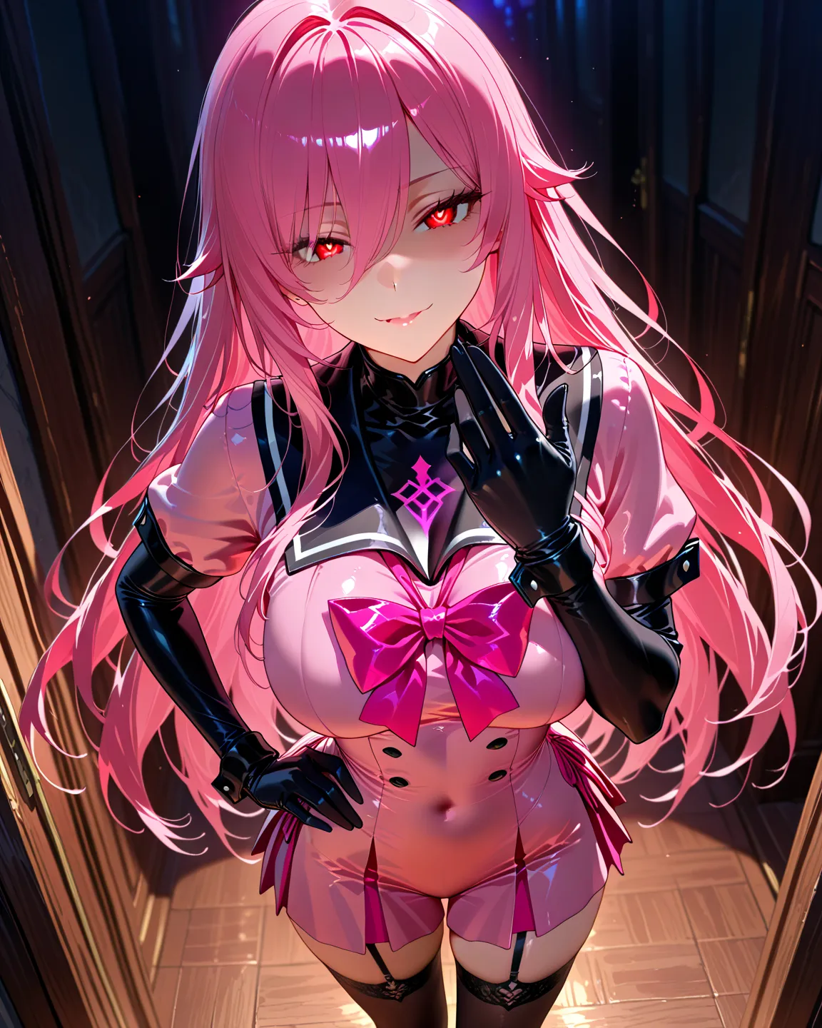 1girl, solo, dxdRG, high perspective angle, scene focus, pink hair, gapmoe yandere, retina, detailed retina, red eyes, black cuffs, black body stocking, long black stockings, yandere, cute shining pink middle school uniform, yandere, tall, masterpiece, hig...