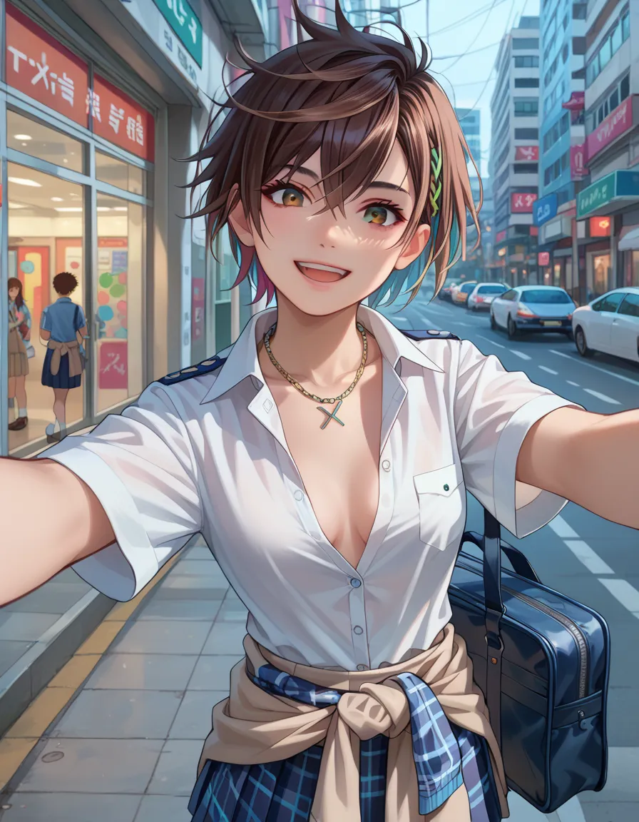 (((tomboy))),,(((dark brown hair, very short hair))),(uniform:1.3), (plain beige clothing around waist:1.5), (tied at waist:1.3), (white collared shirt:1.4), ((white collar, unbuttoned short sleeves):1.2), (blue and grey checked pleated skirt:1.3), ((neckl...