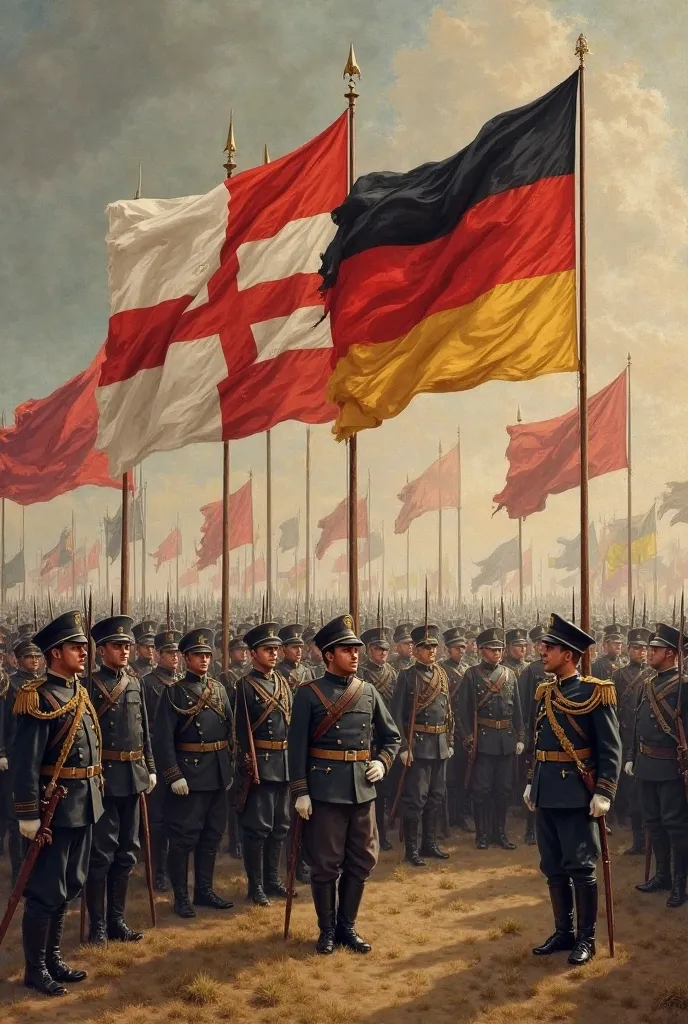 troops declaring war with flags of Austria-Hungary and Germany 