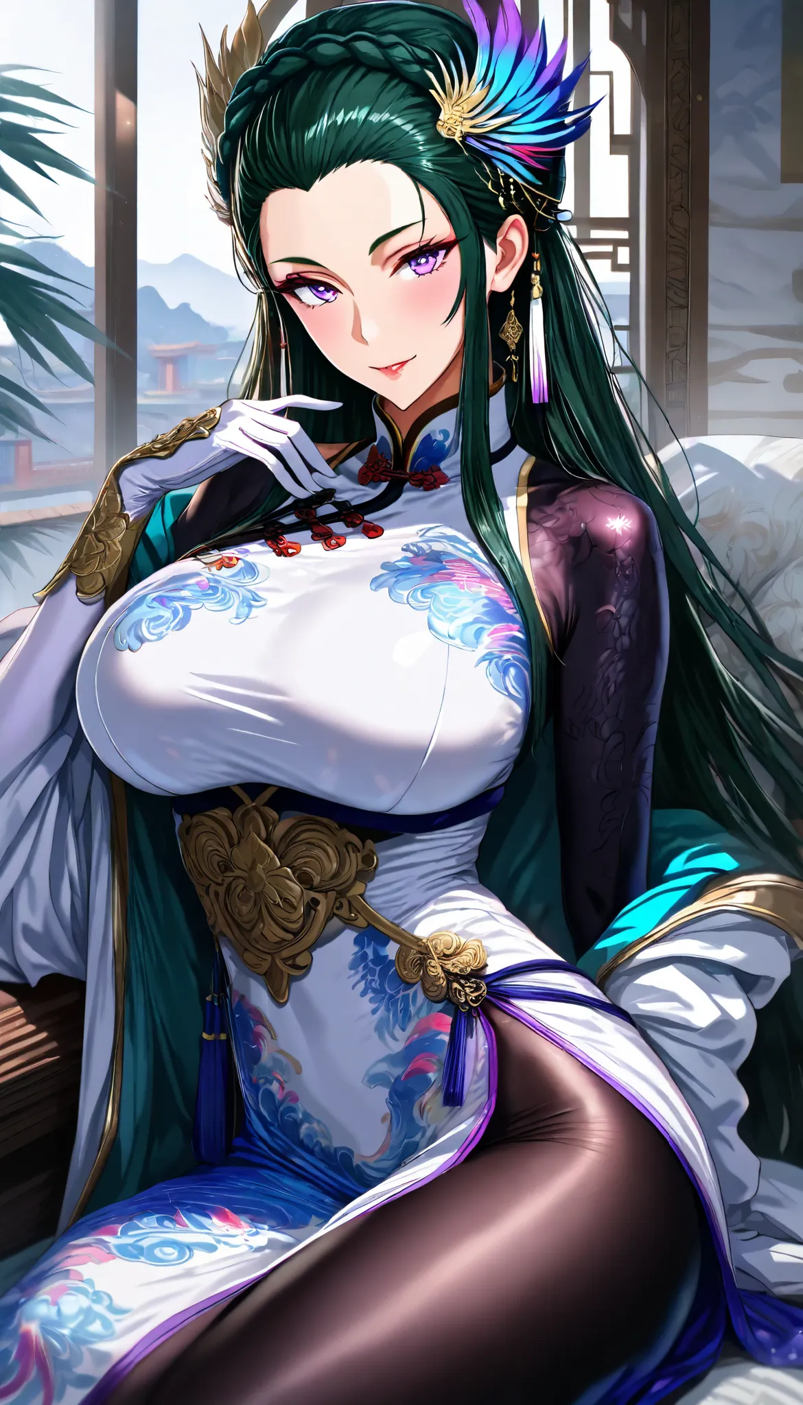 A hen Female,Perfect body,Oppai, (Dark green hair,long hair, hair pulled back,crown braid, sidelocks),(Purple eyes), (Wearing A White sleeveless Cheongsam),(Colorful feather long gloves),black pantyhose,Sitting on a Luxurious Lounge Chair, seductive smile,...