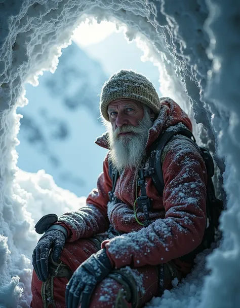 Close-up photograph for sports magazine, mountaineer with professional mountain equipment sitting in a frozen Matterhorn cave, has been frozen and covered in snow for years, frozen beard with snow and ice, frozen white skin, very elaborate and detailed, ve...