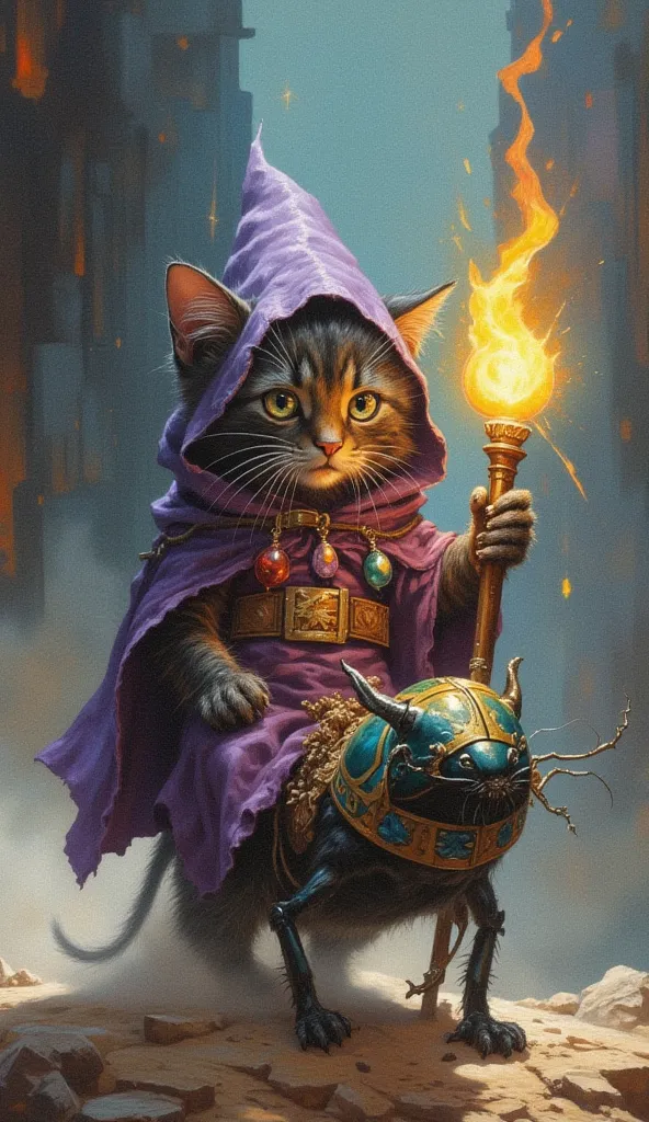 a antropomorphic tiny little black orange-stripes baby cat with, wearing a purple tunic with small glowing potions stored in his belt at the waist, a hood on his head, wielding an epic wizard's staff, conjuring a glowing magic that comes out of the tip of ...