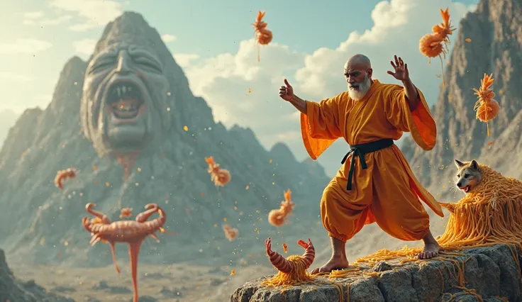 "Hyperrealistic movie still of a Shaolin monk with three arms and two heads performing karate on a mountain cliff that's partially melting into pasta. The monk's orange robes blend into their skin which occasionally has patches of tiger fur. One of their l...