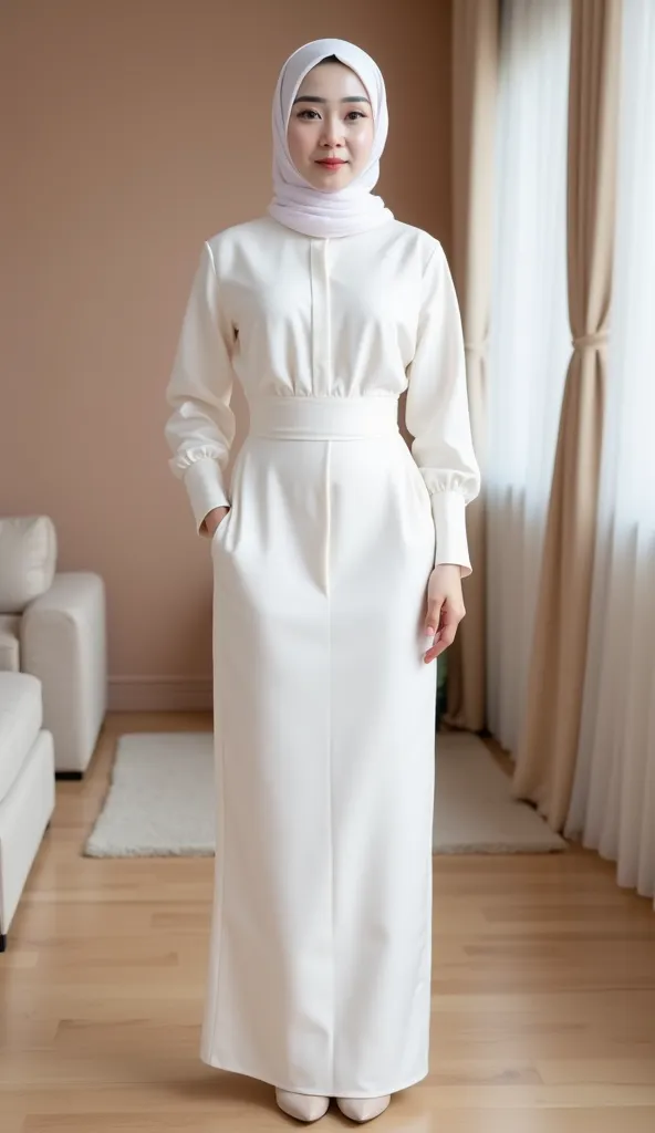 full body and full attire, photo of a beautiful young Korean stylish hijab woman standing confidently in an indoor setting. she wearing a white stylish satin hijab paired with white glossy slim waist luxury long dress, she wearing high heels. the backgroun...