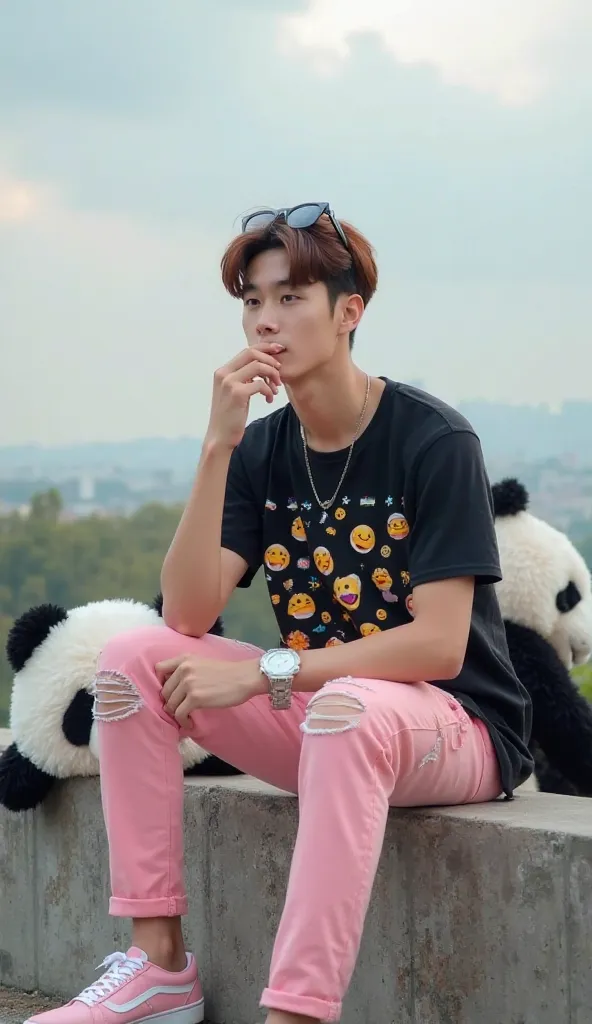 a handsome young Korean man with brown hair daydreaming face looking at the camera, watch, sunglasses on his forehead, wearing a black t-shirt with cute emoticons, pink ripped pants and pink vans sneakers, he sits on a concrete wall with a cloudy morning s...