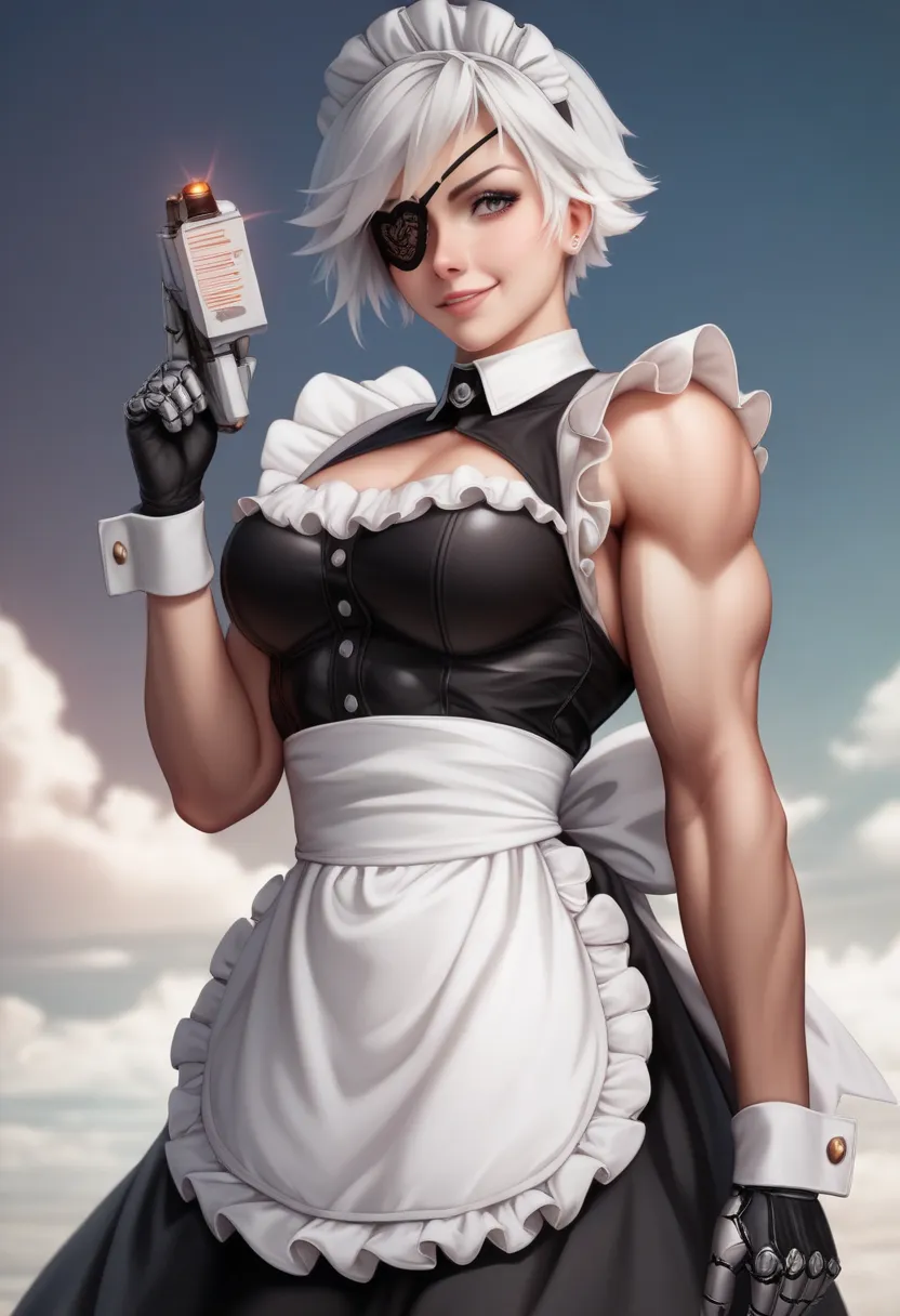 Beautiful cyborg female soldier wearing Maid clothes、Short white hair、Muscular、Six Pack Abs、(Maid clothes:1.8)、(White ruffled apron:1.4)、Facial blemishes、Eye patch、（Engage in a gunfight with space gangsters：1.5）、Smirking expression、Dynamic configuration、de...