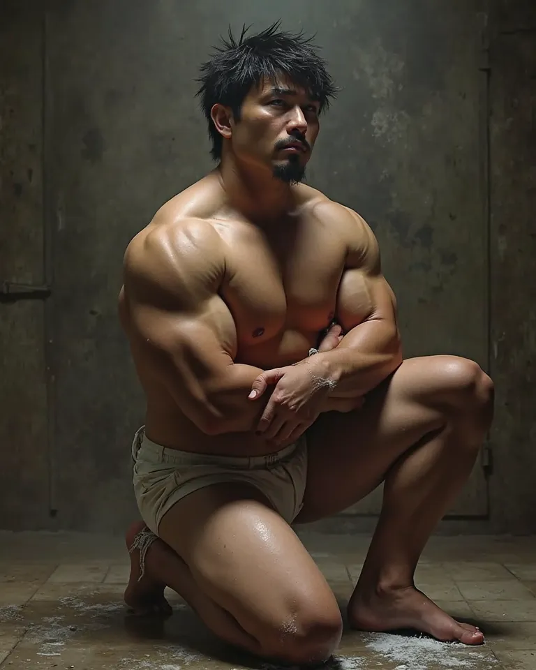 Make a photo of a handsome young Japanese male slave very big burly muscular, no bangs on his face but his hair was very thick bangs all over her body, chest, abdomen, arm, and legs  (body is very athletic, large and stocky tall body, very large undefined ...