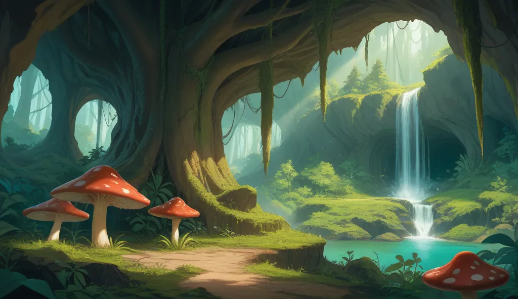 This image is a fantasy landscape of breathtaking beauty. The scene shows a magical valley surrounded by caves covered in moss and overhanging plants. In the background, there are waterfalls cascading between green mountains, giving the image a calm and en...