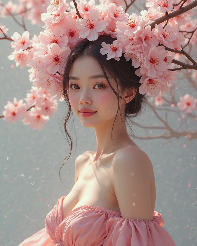 A hyper-realistic 4K digital painting of a serene woman with a sculpted physique, her head replaced by a cluster of delicate cherry blossoms, her upper body partially covered in flowing silk, gazing towards the viewer with a soft and warm smile.