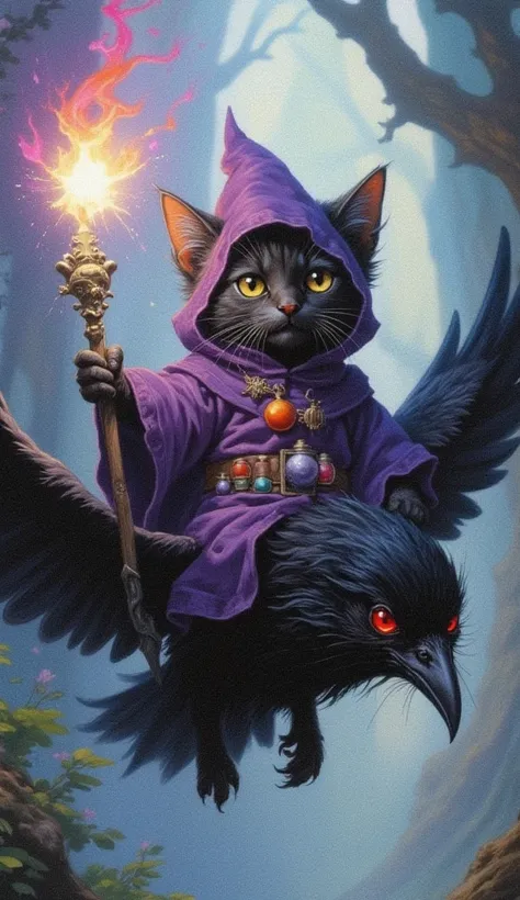 a antropomorphic tiny little black orange-stripes baby cat with, wearing a purple tunic with small glowing potions stored in his belt at the waist, a hood on his head, wielding an epic wizard's staff, conjuring a glowing magic that comes out of the tip of ...