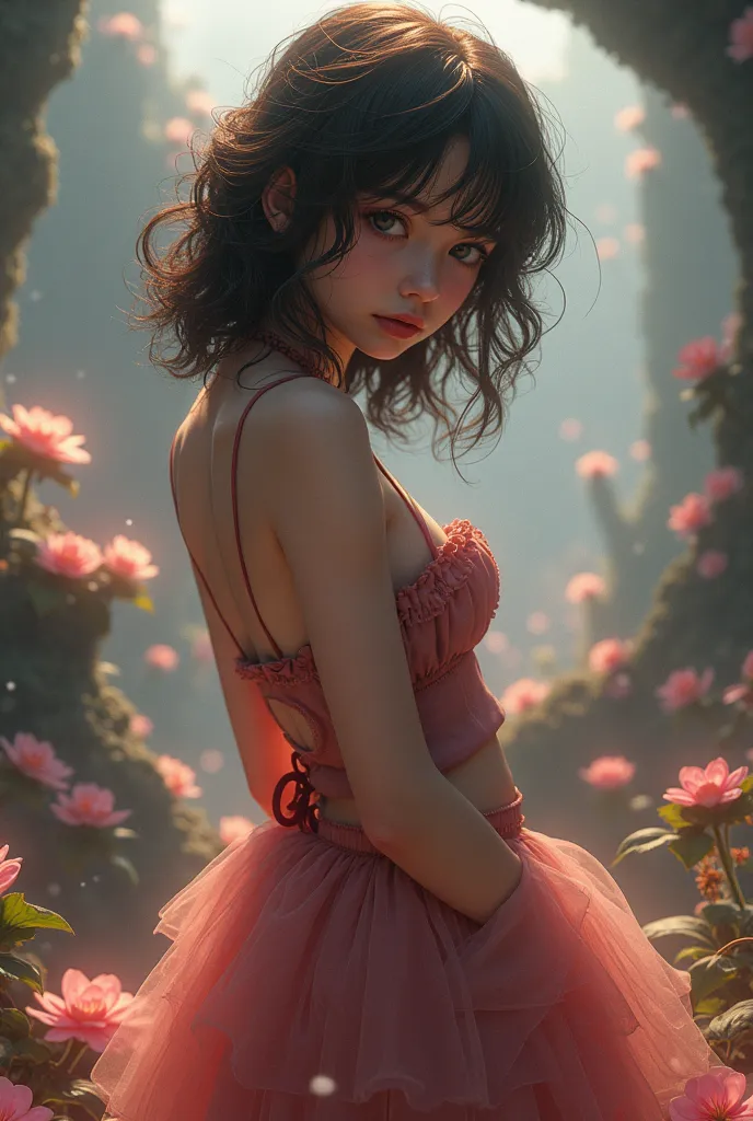 Lolita-style girl with candy,  exact face , Seductive look, curly hair,  tight-fitting clothing, detailed skin, realistic 3D rendering,  fantasy landscape , mystical atmosphere, soft lighting, digitale illustration, high quality, extremely detailed, photor...