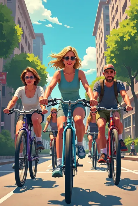 create an image with 5 people riding bicycles,  a bald man,  A blond woman, A woman with lights, a brown woman and a blond man