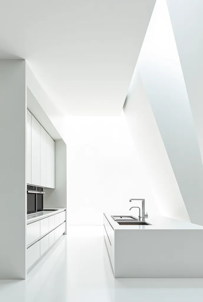 Create me an integral kitchen in pearl white, that has no background and you can see the gables coming out 