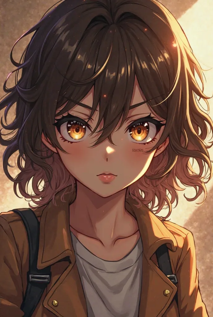   A female anime character, with curly brown hair with honey highlights, LIGHT BROWN EYES, And that alludes to the characters of SNK make her a little rude and with a small scar on her face