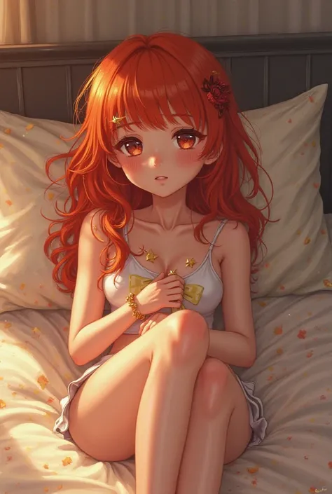 Now create a red-haired girl in short clothes sitting on the bed