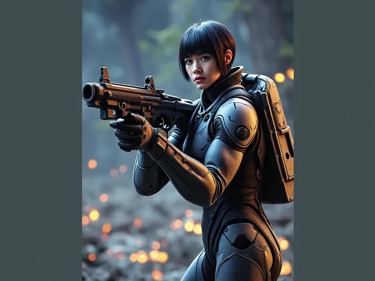 masterpiece,High Resolution, realistic, cinematic lights, A girl in a cyborg suit is standing with a gun , short hair ,future ,